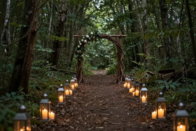 A wooded forest path lined with glowing lanterns leads to a floral branch wedding arch