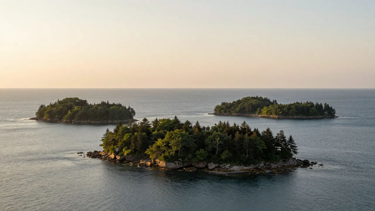 Three small tree-covered islands sit in calm sea beneath a soft warm sunset sky