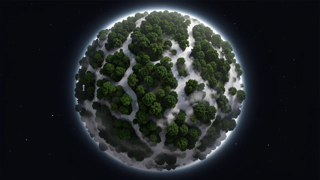 A forest-covered spherical planet wreathed in white mist floats in dark starry space with a soft glowing edge.