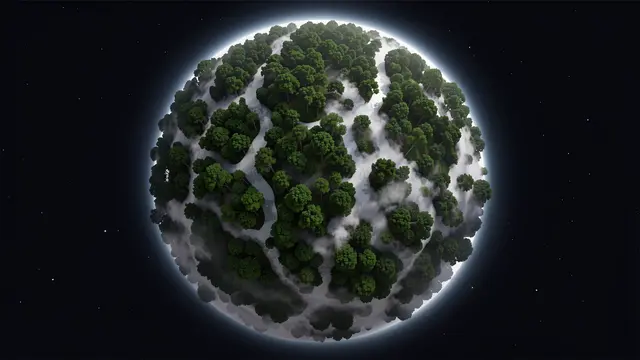 A forest-covered spherical planet wreathed in white mist floats in dark starry space with a soft glowing edge.