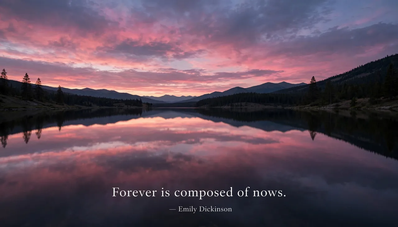 Calm mountain lake reflects a pink dusk sky, overlaid with the quote "Forever is composed of nows. — Emily Dickinson"