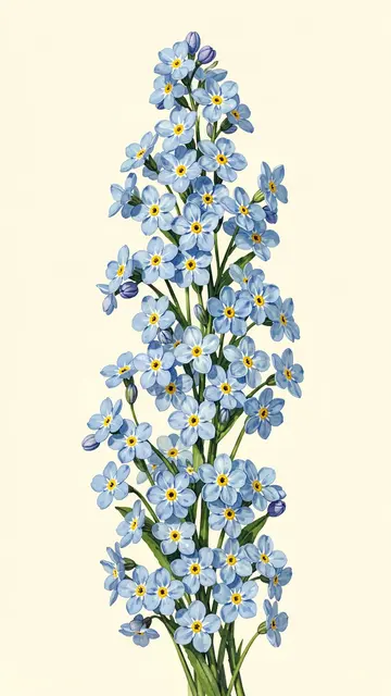 Hand-painted cluster of sky-blue forget-me-not flowers with yellow centers against a pale cream background