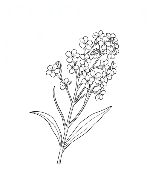 Fine line art drawing of a forget-me-not sprig with five-petal flowers on a plain white background