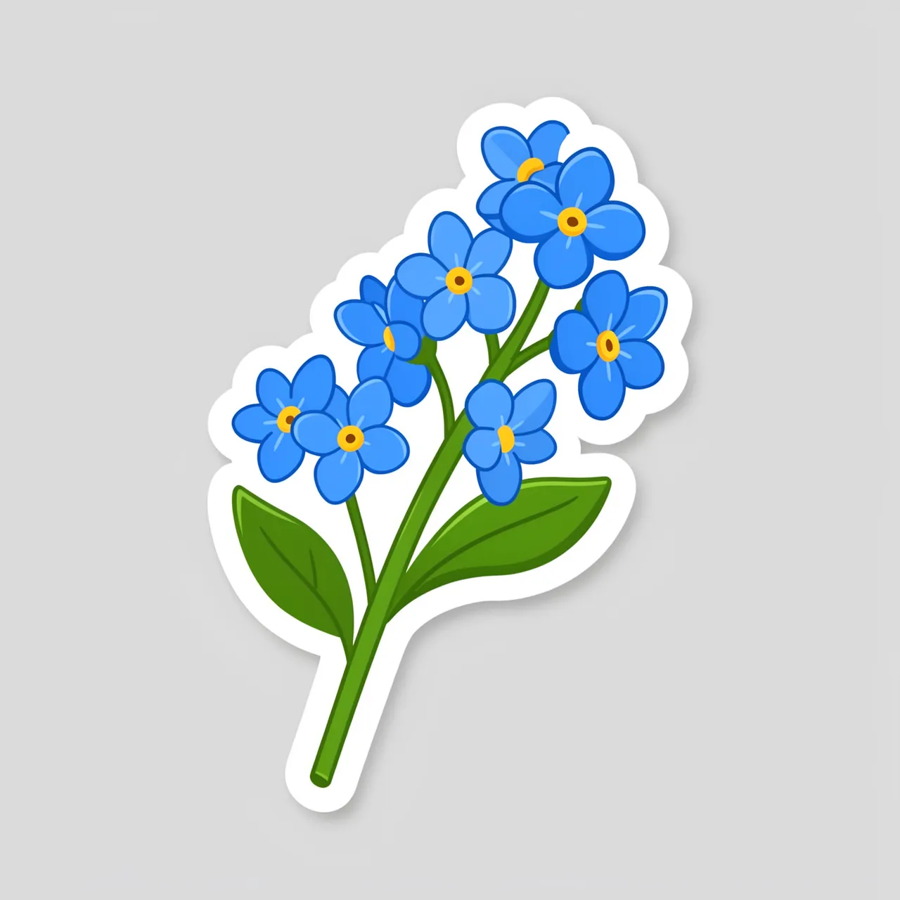 Die-cut sticker of a blue forget-me-not sprig with a thick white border on a light gray background