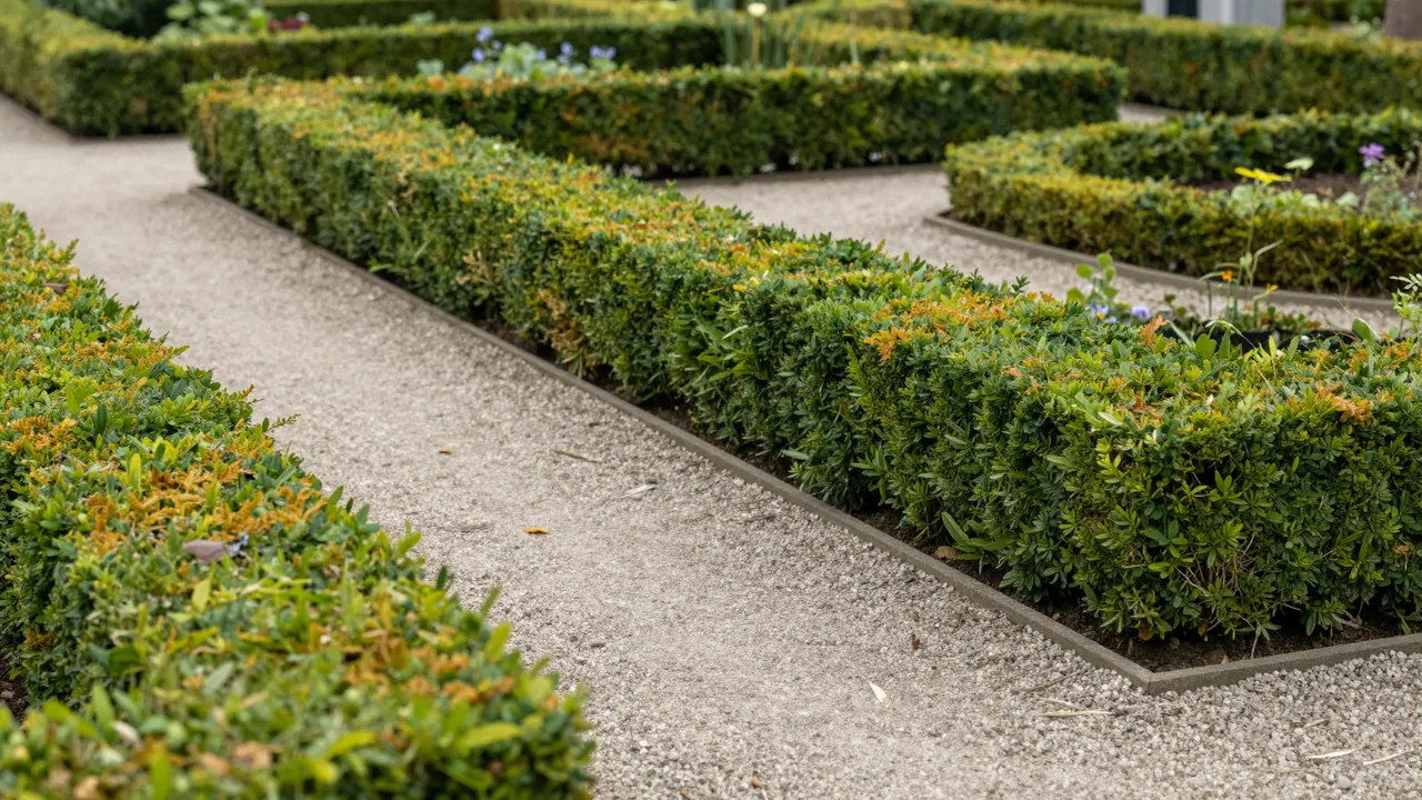 Neatly trimmed boxwood hedges line winding gravel paths in a geometric formal garden