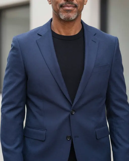 Partial portrait of a mixed-race man in his fifties wearing a navy blazer over a black knit top