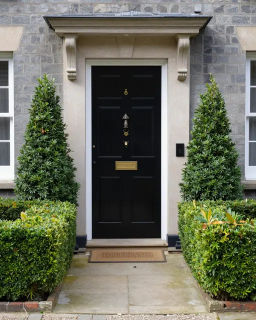 Black paneled front door flanked by clipped topiary shrubs and hedges on a stone house facade