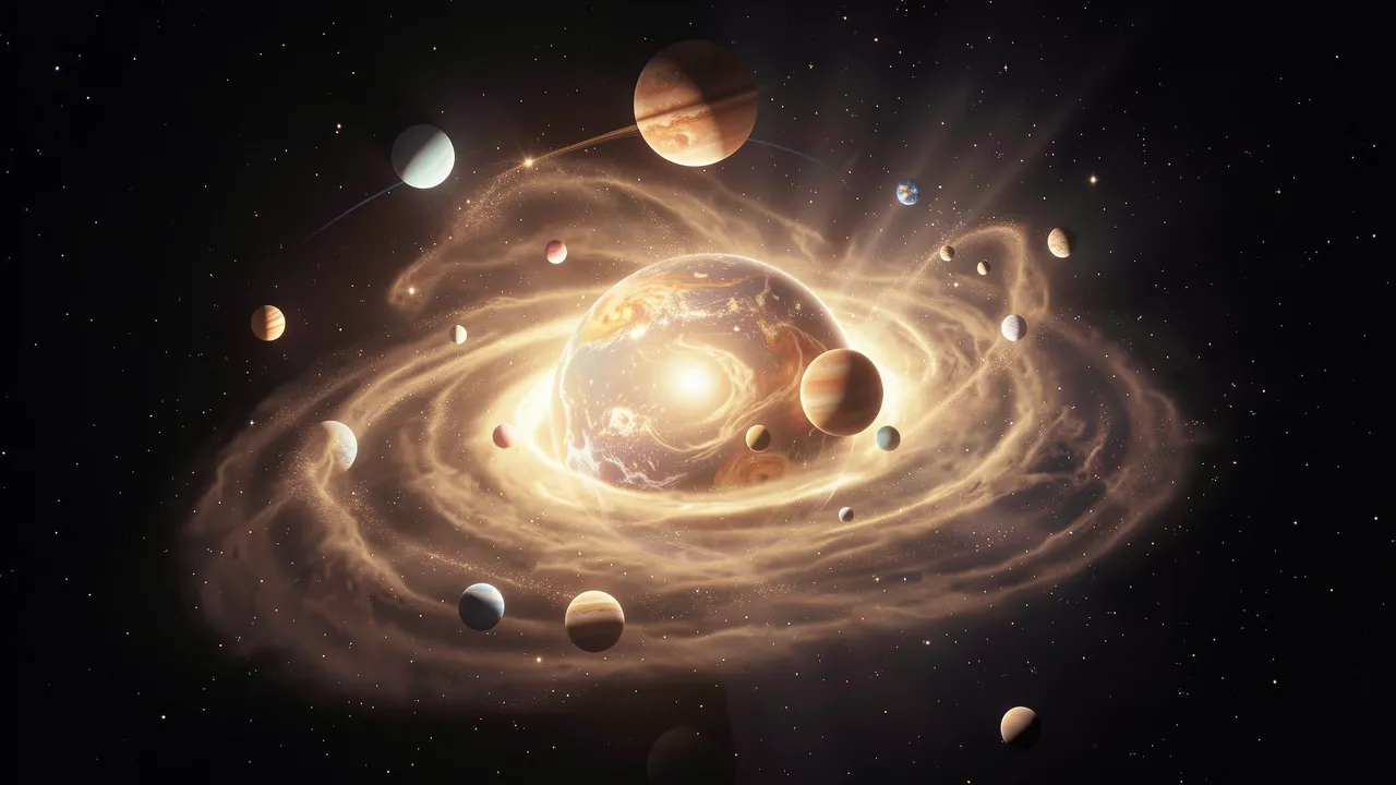 A glowing young star sits at the center of a swirling protoplanetary dust disk surrounded by developing planets in deep