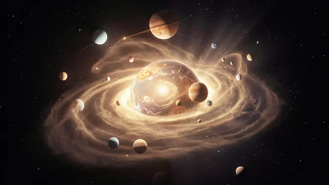 A glowing young star sits at the center of a swirling protoplanetary dust disk surrounded by developing planets in deep