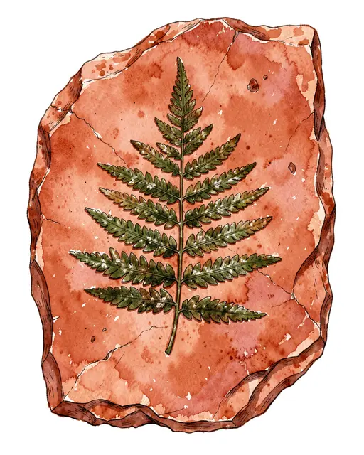 Ink and watercolor illustration of a fern fossil embedded in a reddish sandstone slab