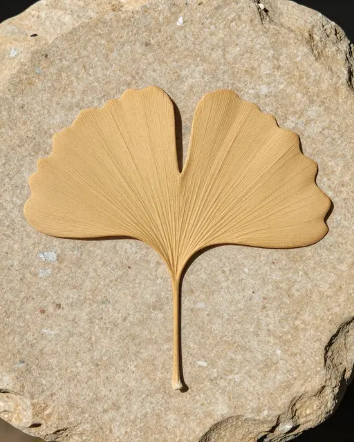 Fan-shaped ginkgo leaf impression embedded in pale tan sandstone under soft side lighting