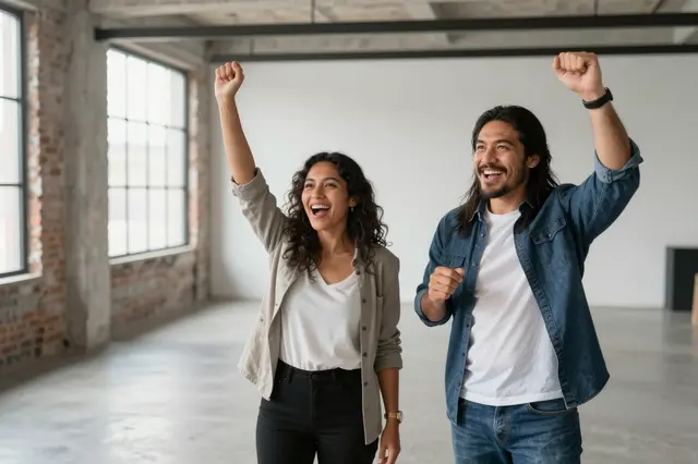 Two cheering business founders raise fists in an empty industrial loft space