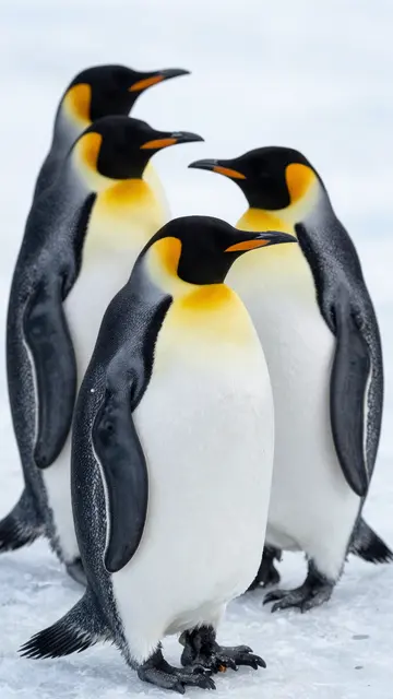 Four king penguins stand together on pale snowy Antarctic ice