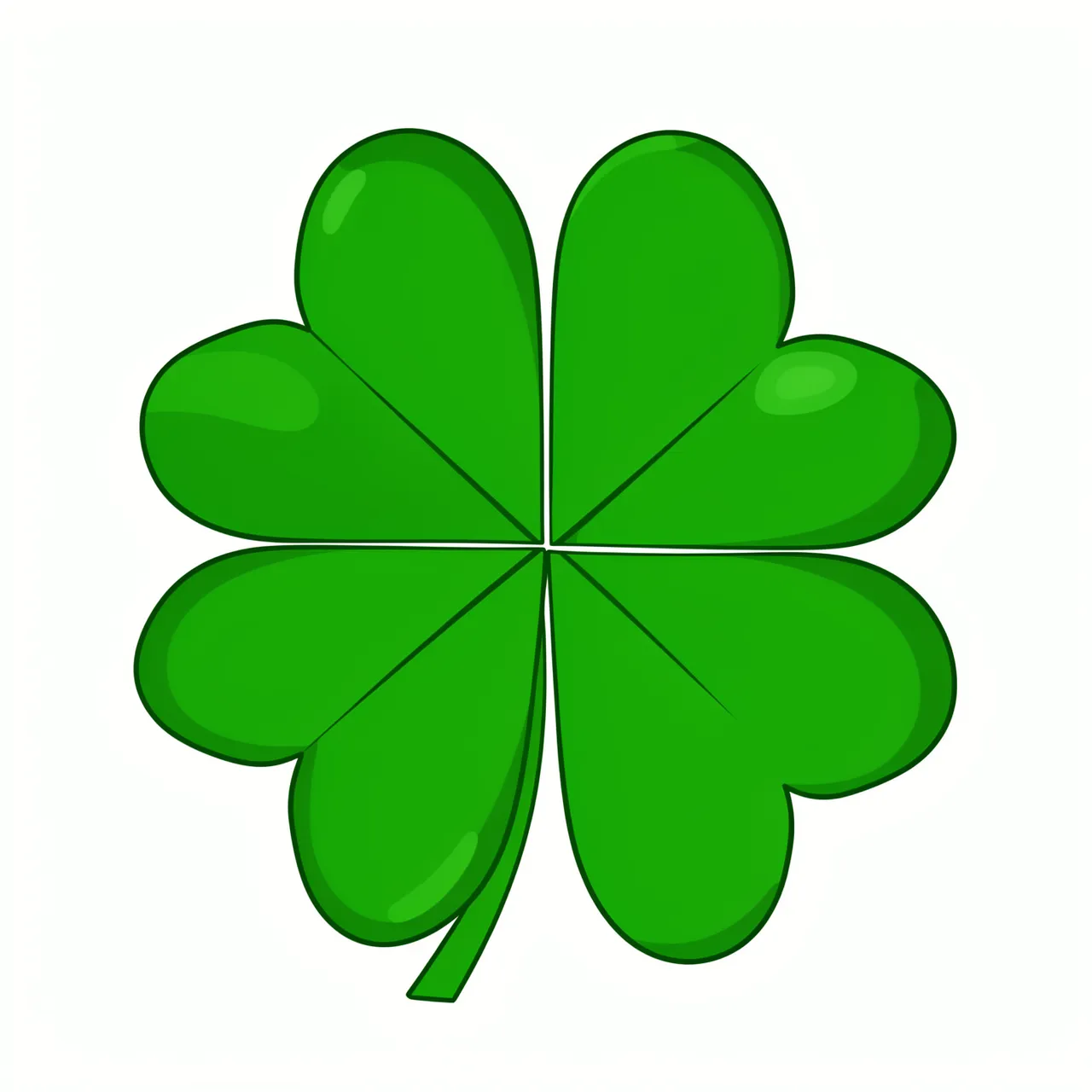 Flat cartoon illustration of a green four-leaf clover with heart-shaped leaves on a plain white background
