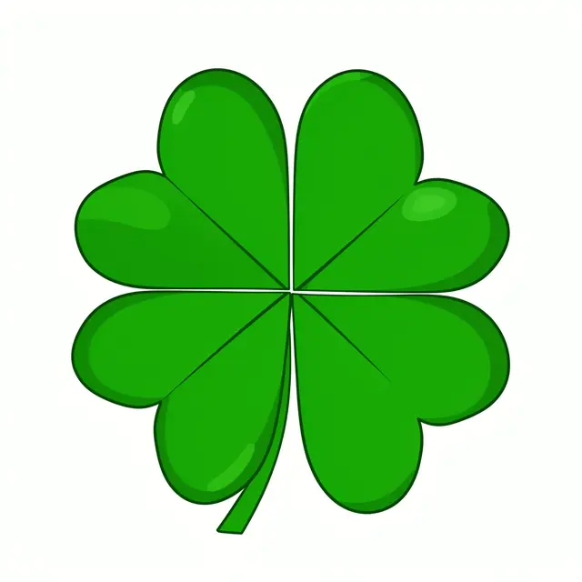 Flat cartoon illustration of a green four-leaf clover with heart-shaped leaves on a plain white background