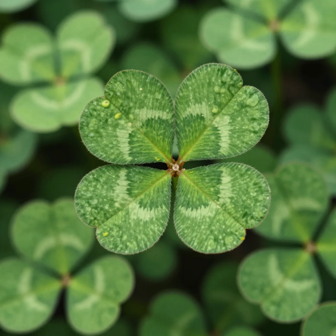 A sharp four-leaf clover with dewdrops sits centered among blurred green clover foliage in macro view