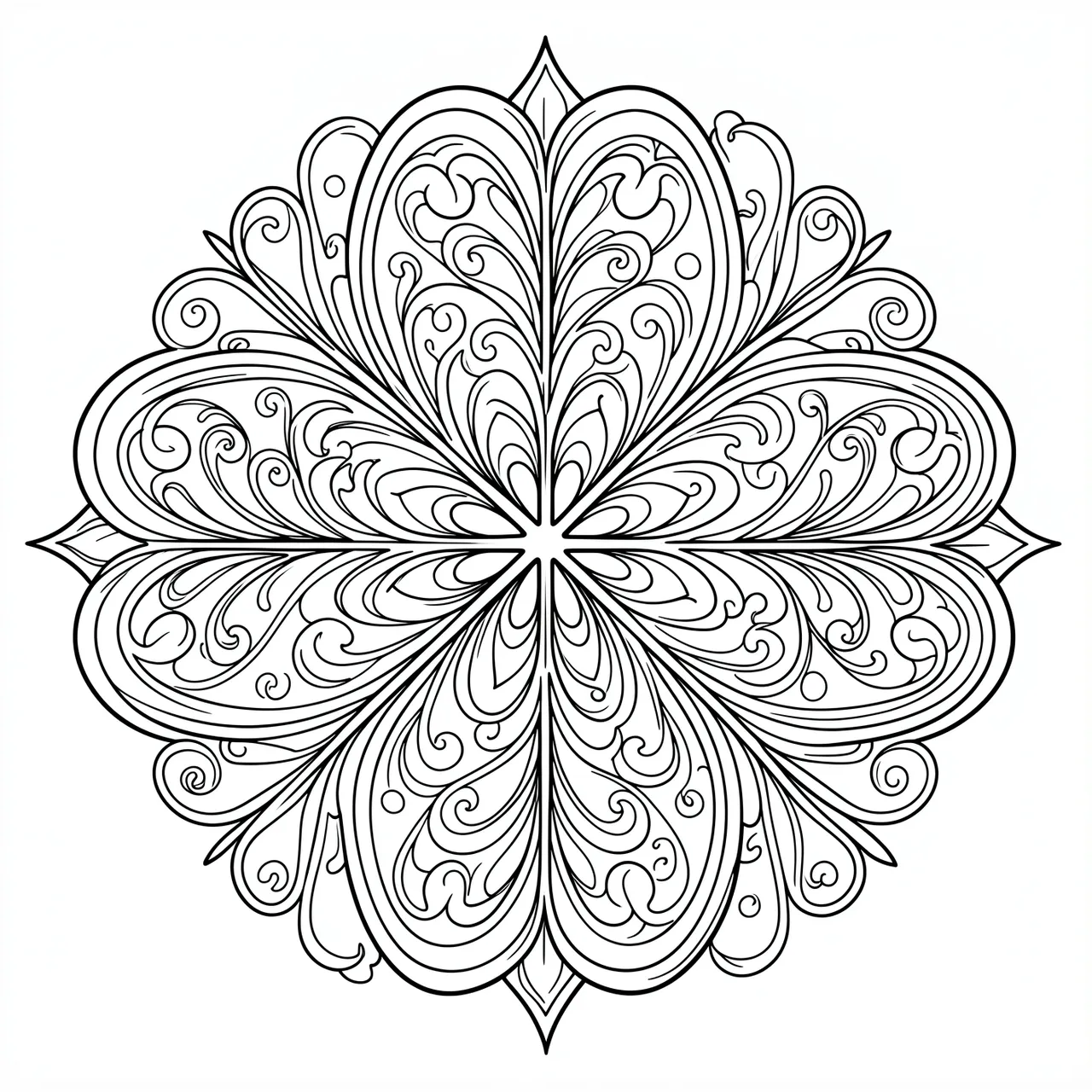 Intricate black line art four-leaf clover mandala with curling scroll details on a plain white background