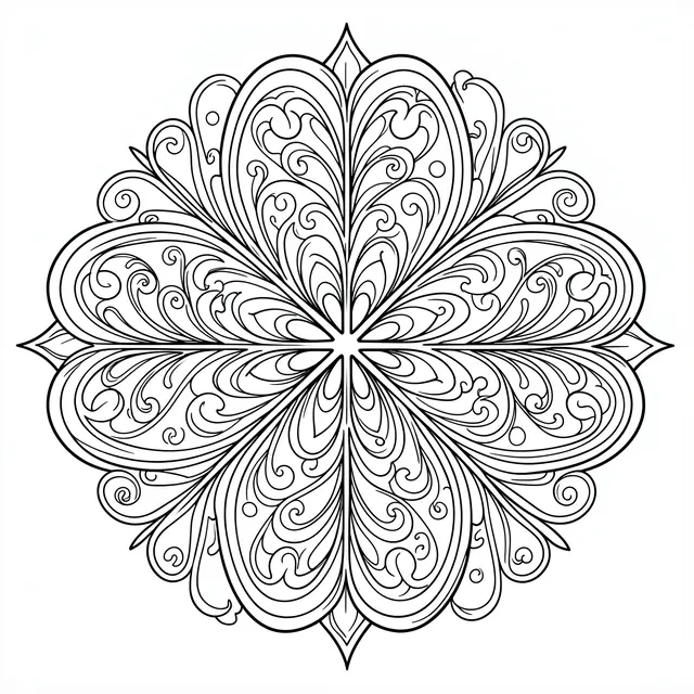 Intricate black line art four-leaf clover mandala with curling scroll details on a plain white background
