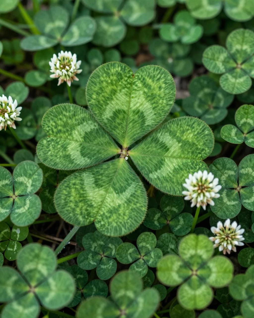 Top view close-up of dense clover foliage dotted with small white clover blossoms under soft light