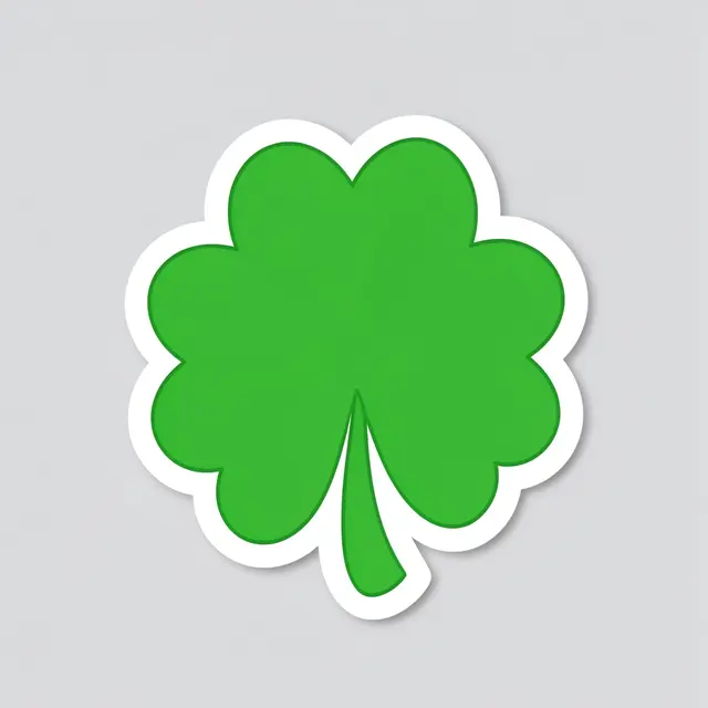 Flat illustrated four-leaf clover die-cut sticker with a thick white border on a plain light gray background