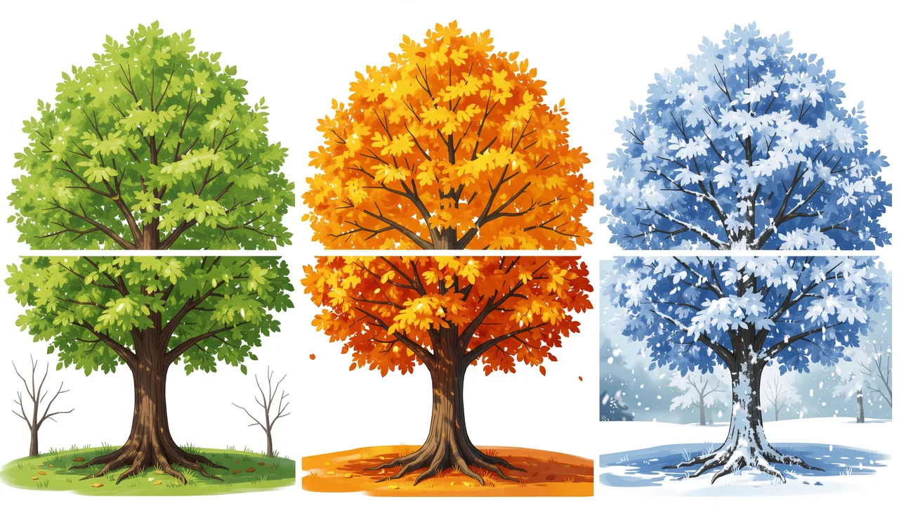 Grid illustration showing the same tree across spring, summer, autumn, and winter seasonal changes