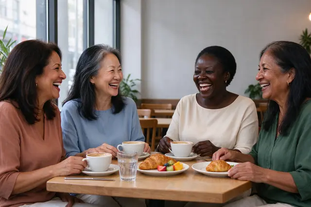 Four women in their fifties laugh together around a cafe table with coffee and brunch food