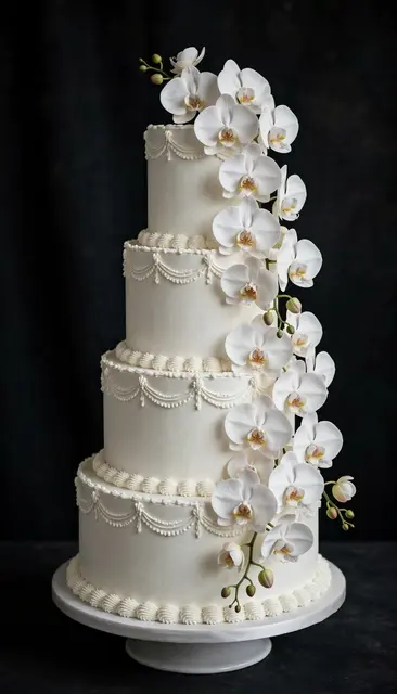 A tall four tier white wedding cake with cascading sugar orchids sits on a white stand against a dark backdrop.