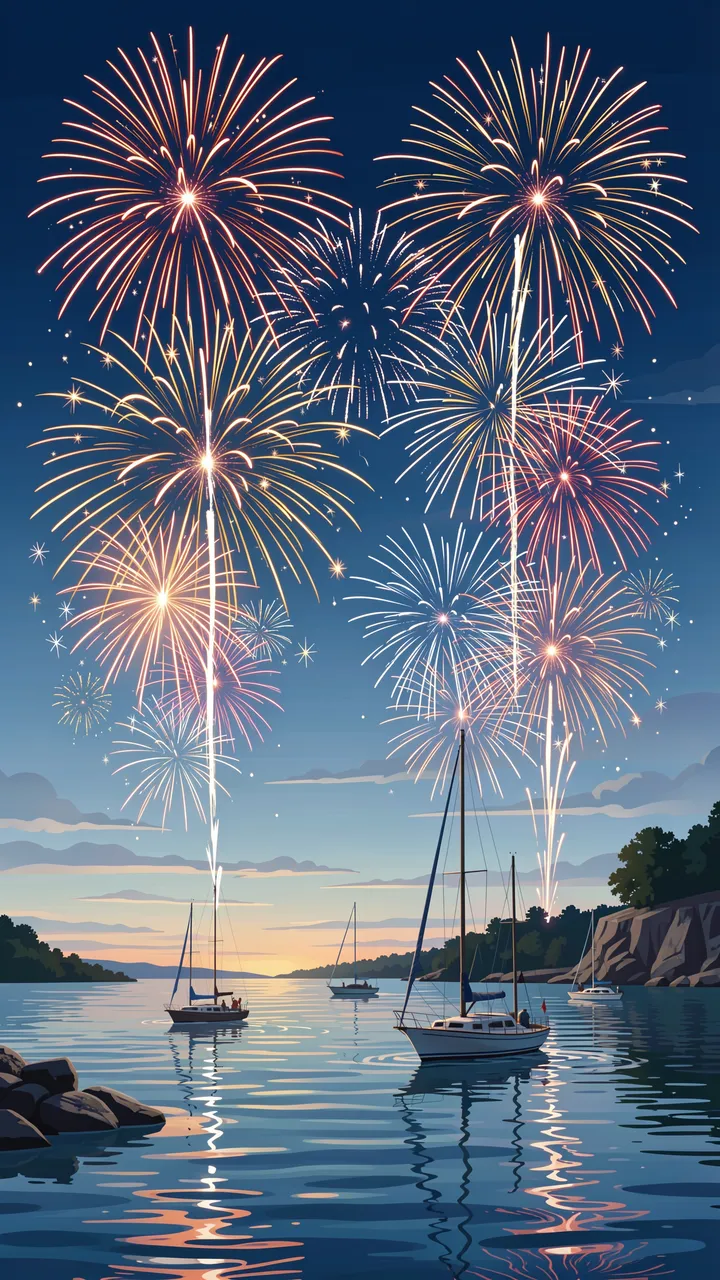Colorful fireworks burst over a quiet coastal cove with anchored small sailboats at dusk