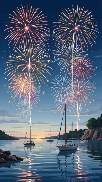 Colorful fireworks burst over a quiet coastal cove with anchored small sailboats at dusk