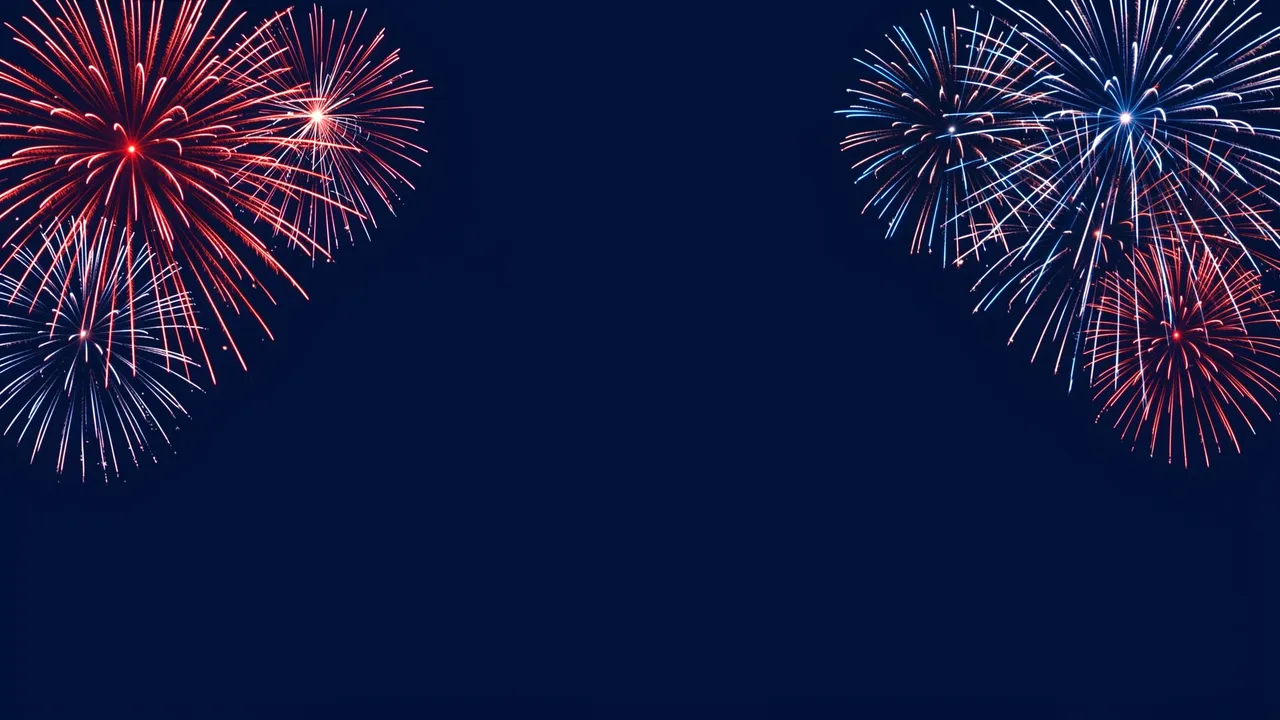 Red, white, and blue firework bursts sit in upper corners against a solid navy empty central background