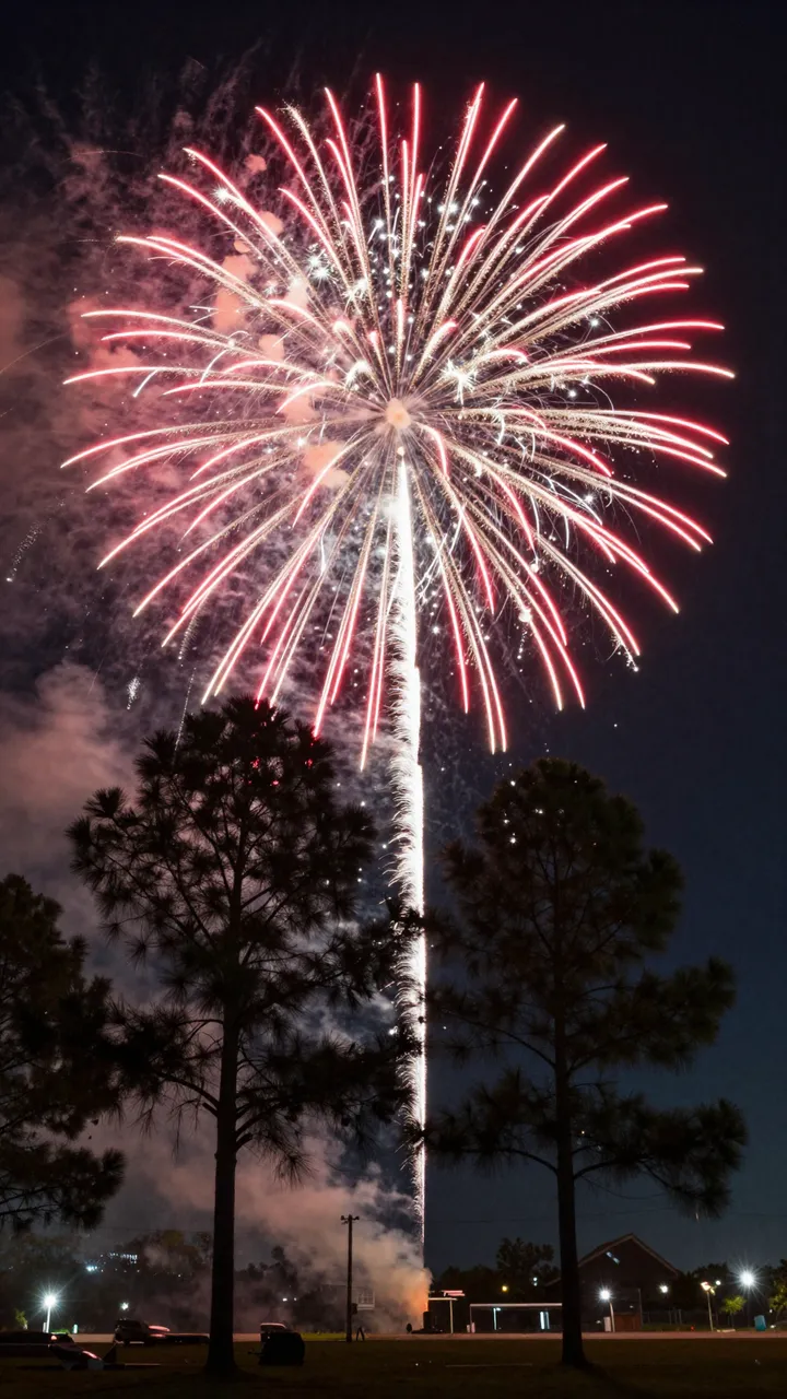 Bright red and white fireworks burst above dark pine tree silhouettes against a night sky
