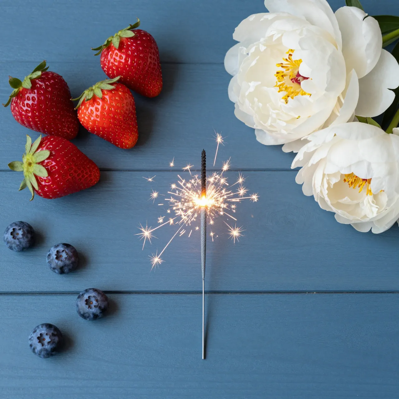 Lit sparkler, fresh strawberries, blueberries and white peonies arranged on a blue wooden table