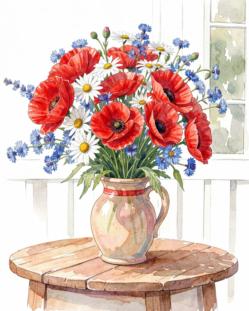 Watercolor illustration of a ceramic pitcher vase holding red poppies, white daisies and blue cornflowers on a wooden porch