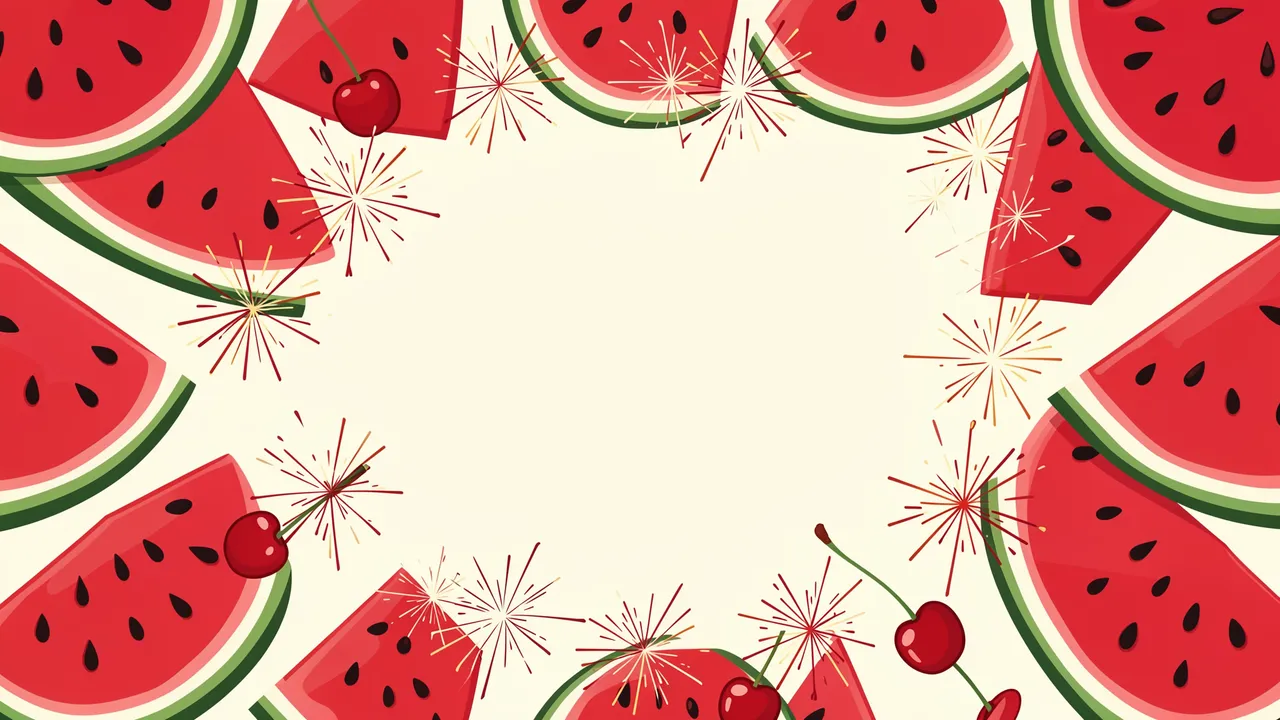 A festive flat vector border of watermelon slices, cherries and sparklers frames an empty cream center copy space
