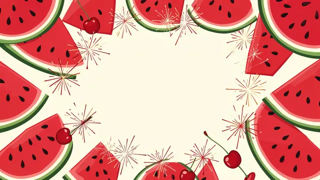 A festive flat vector border of watermelon slices, cherries and sparklers frames an empty cream center copy space