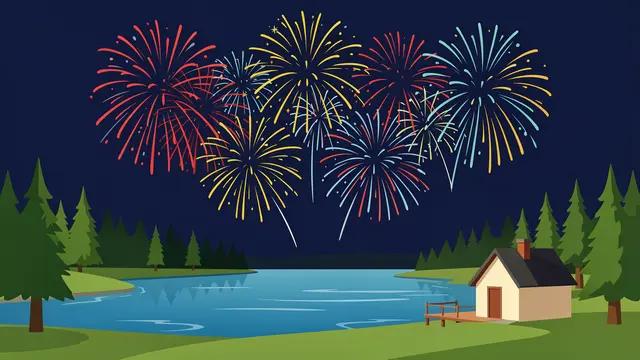 Colorful fireworks burst in a navy night sky above a lake, cabin and pine trees