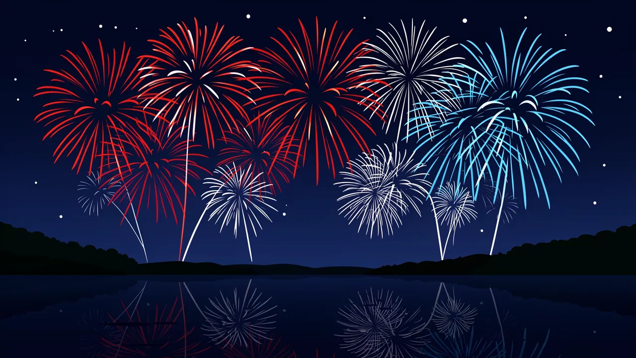 Red, white and blue Fourth of July fireworks burst over a dark starry night lake with clear water reflections