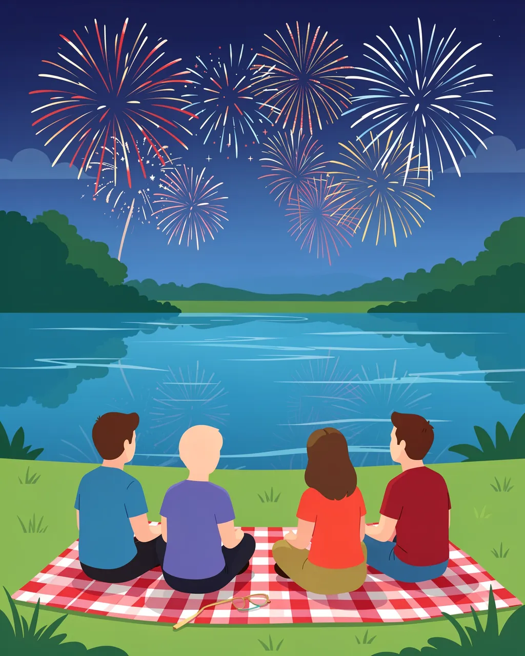 Four faceless people sit on a checkered picnic blanket watching colorful fireworks burst over a calm lake at night
