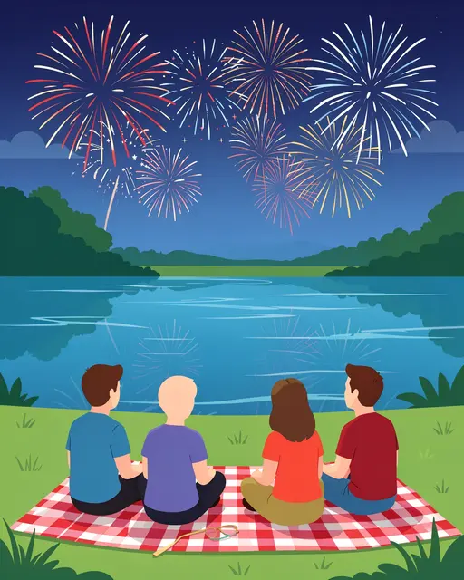 Four faceless people sit on a checkered picnic blanket watching colorful fireworks burst over a calm lake at night