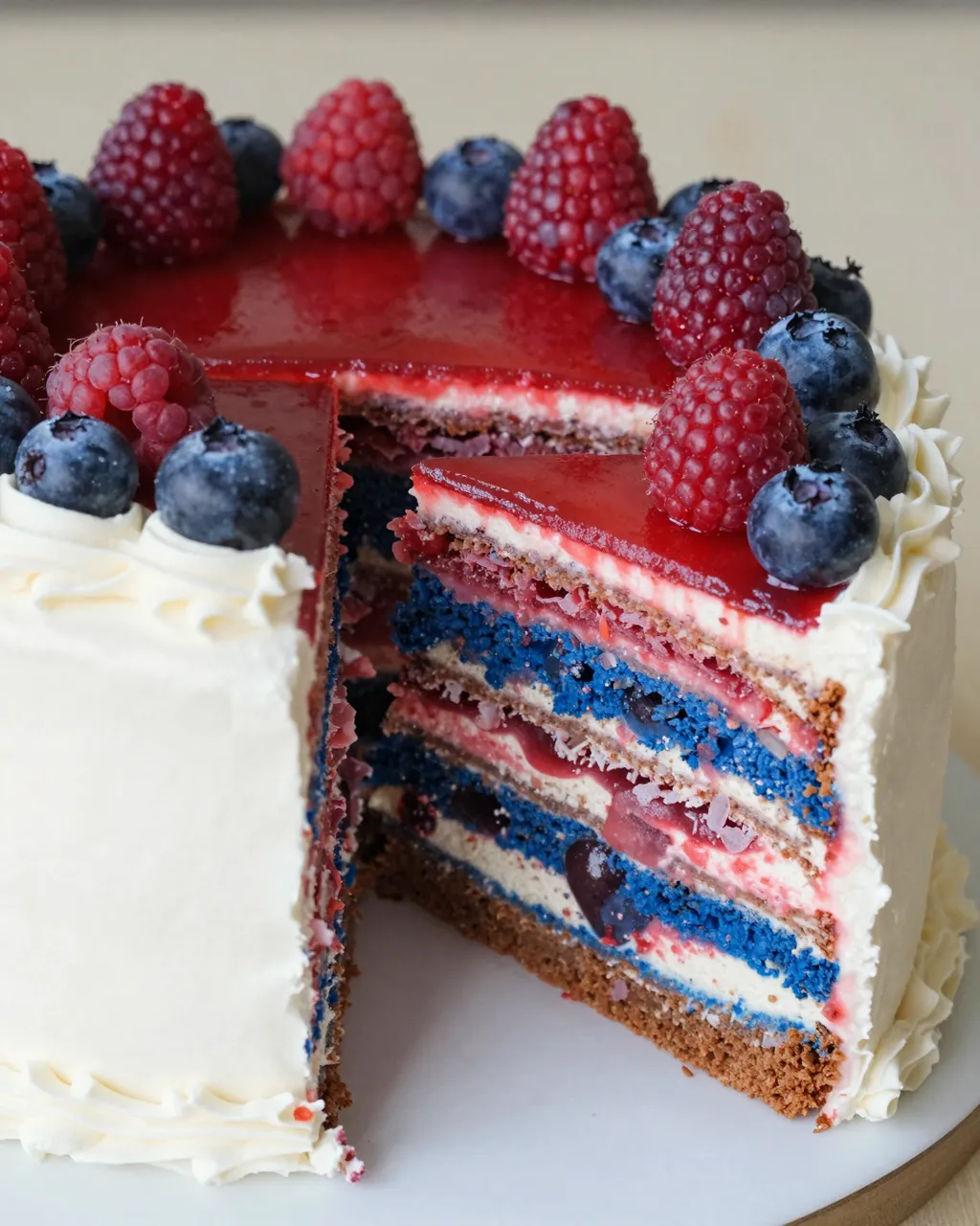 A frosted red, white and blue layer cake topped with fresh berries has one sliced portion pulled forward to show its