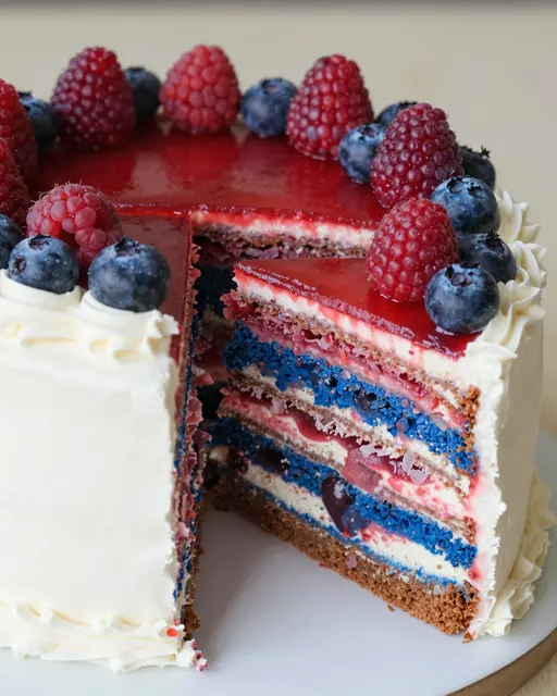 A frosted red, white and blue layer cake topped with fresh berries has one sliced portion pulled forward to show its