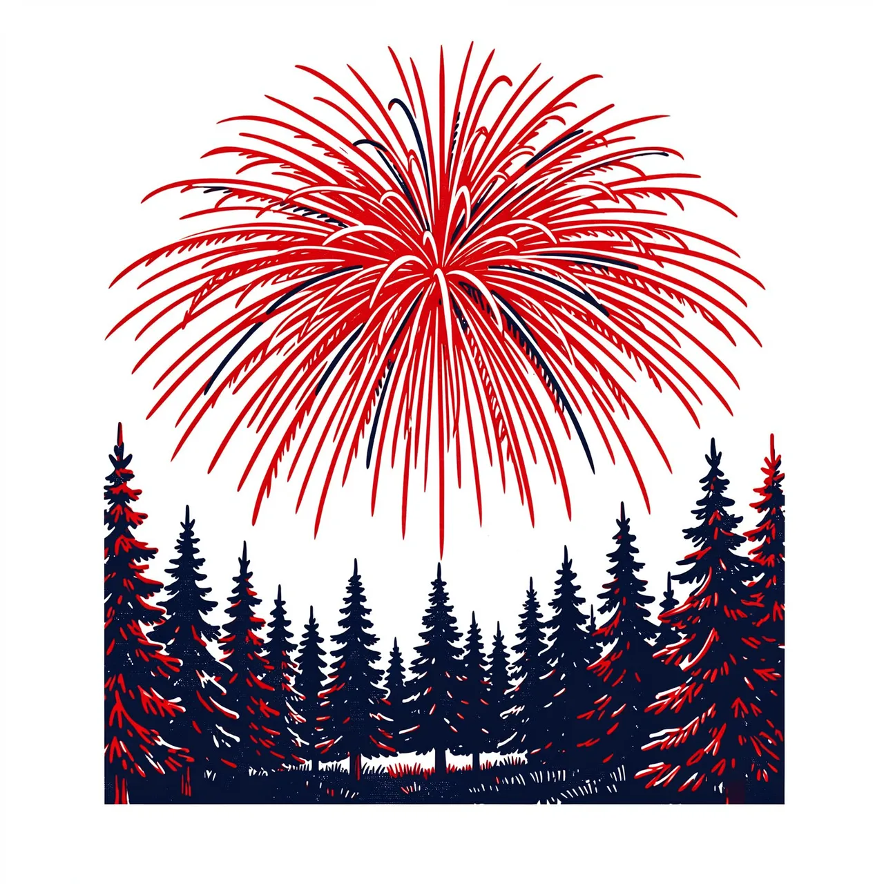 Red and navy linocut print of a firework burst above a line of pine trees