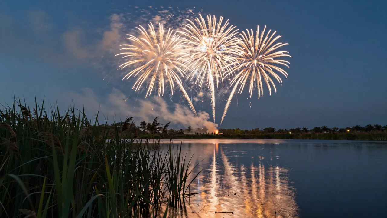 Golden Fourth of July fireworks burst over a calm marsh with foreground reeds at dusk, reflected on still water