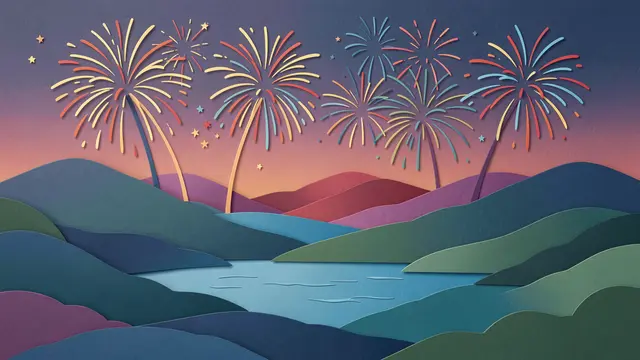 Layered paper-cut illustration of rolling hills, a lake, and bright fireworks over a gradient twilight sky