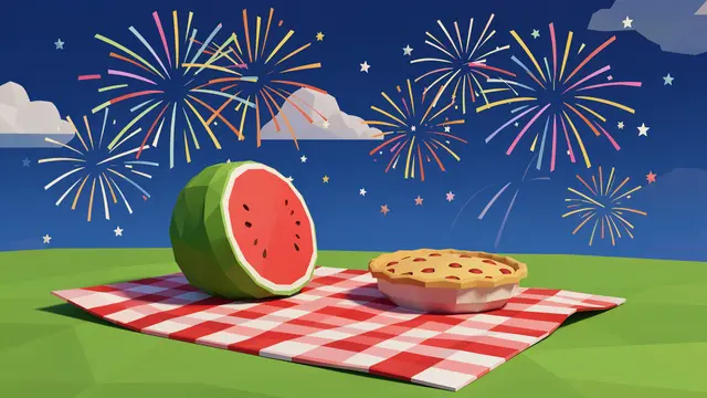 Low poly 3D render of a gingham picnic blanket with watermelon and pie under colorful night sky fireworks