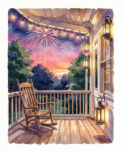 Watercolor illustration of a wooden porch with a rocking chair, glowing lanterns, and bursting fireworks over treetops at