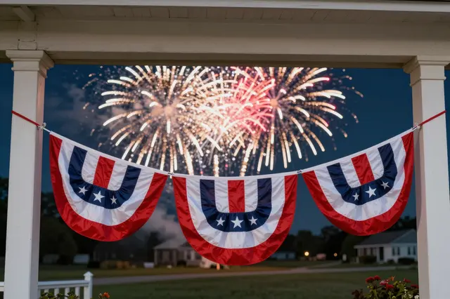 Red white and blue patriotic bunting hangs on a farmhouse porch frame over bursting night sky fireworks