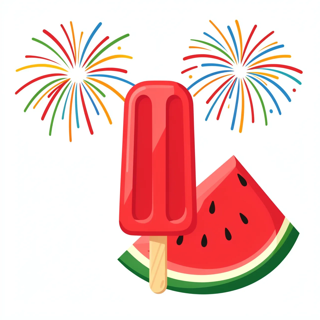A red popsicle, watermelon slice, and two colorful fireworks on a plain white background
