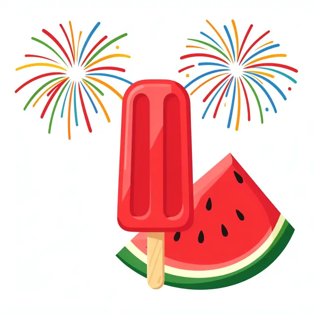A red popsicle, watermelon slice, and two colorful fireworks on a plain white background