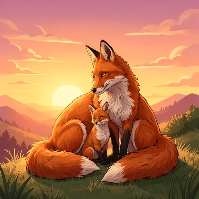 An adult red fox sits with its small cub on a grassy hill as the sun rises over distant mountains.